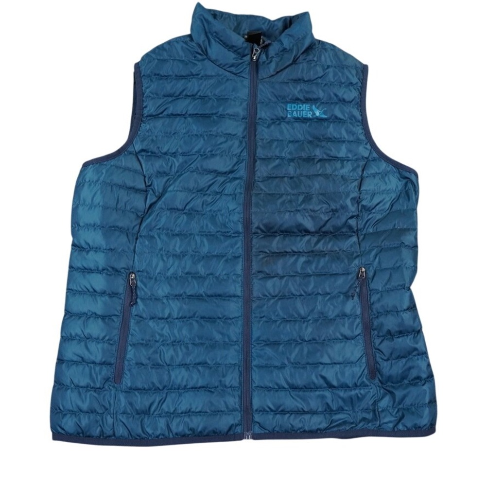 Eddie Bauer Down Puffer Vest Women Large Teal Blue 650 Quilted Full Zip Logo